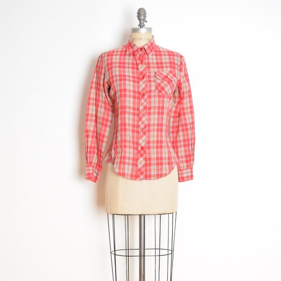 vintage 70s top red plaid print western button up shirt blouse soft thin S - Picture 1 of 6